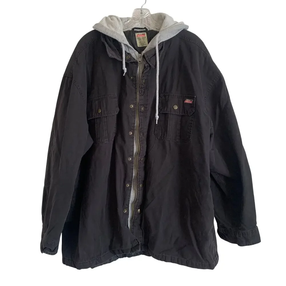 Dickies Mens 3XL Black Hooded Denim Work Jacket Sweatshirt Lined Full Zip Coat